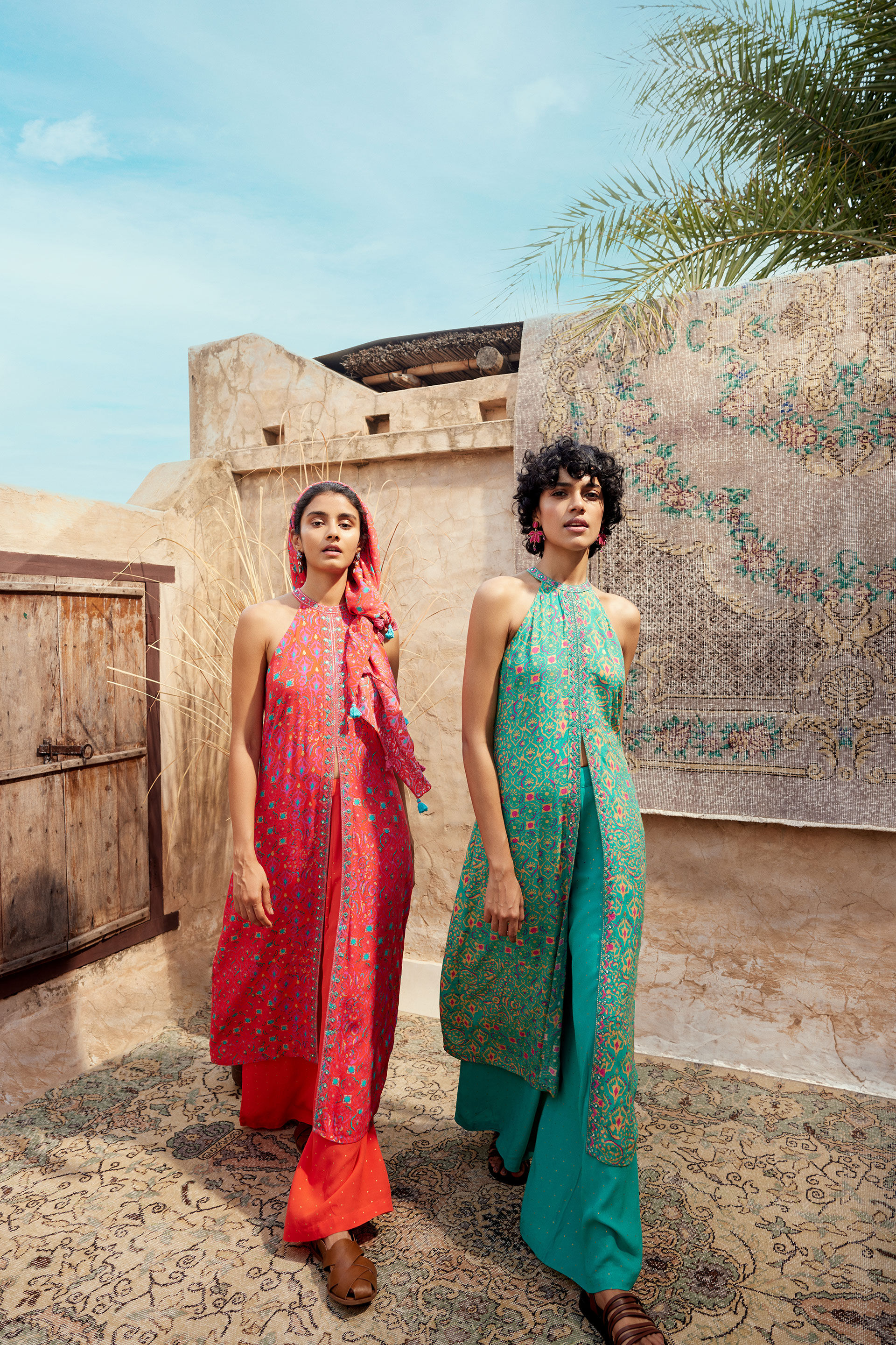 Festive Embroidered Ikat inspired Viscose Kurta set, Orange, image 3